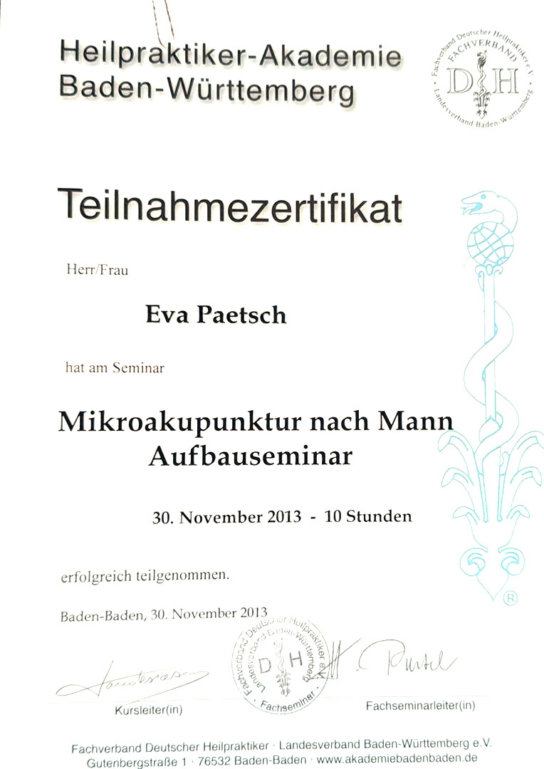Zertifikat Microakupunktur