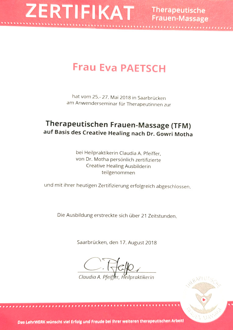 Zertifikat therapeutische Frauenmassage